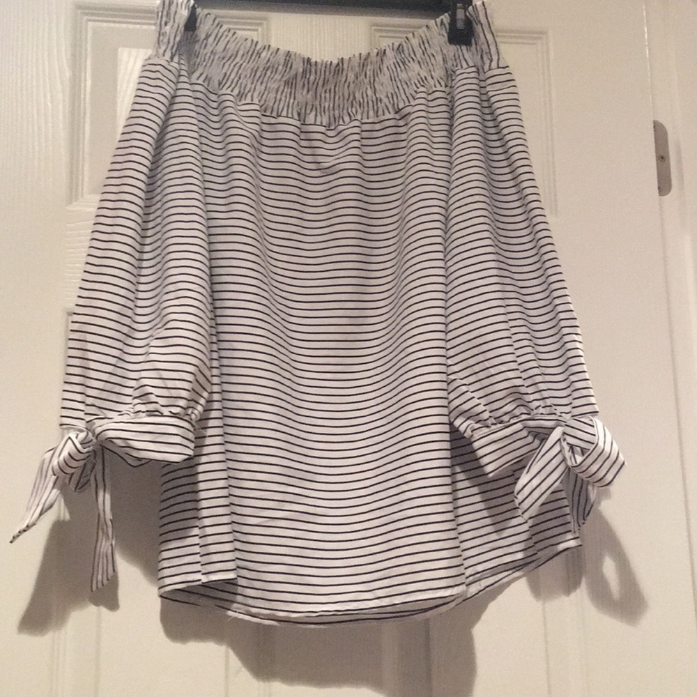 White and blue stripe off the shoulder top